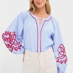 Hyacinth House Blue Stripe & Red Soutache Stella Blouse